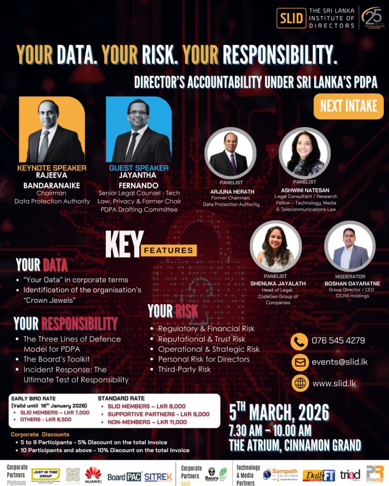 SLID Innovation & Technology Committee - Your Data. Your Risk. Your Responsibility. Director's Accountability Under Sri Lanka's PDPA: Intake 02